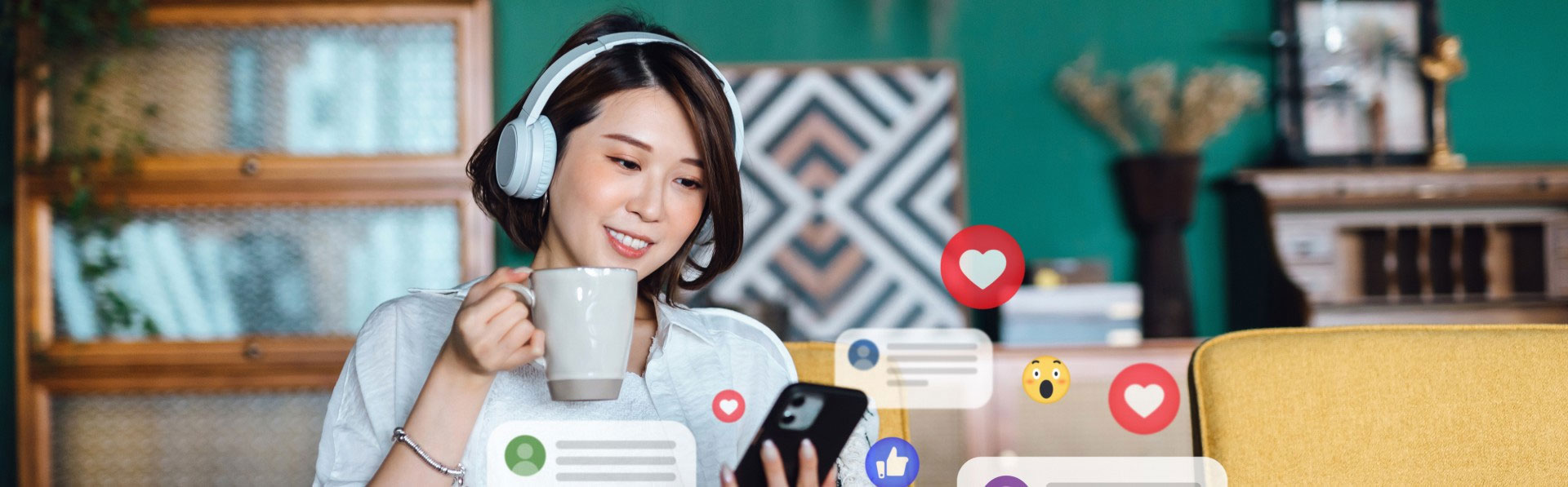 A Woman Wearing Headphones Is Focused On Her Smartphone.